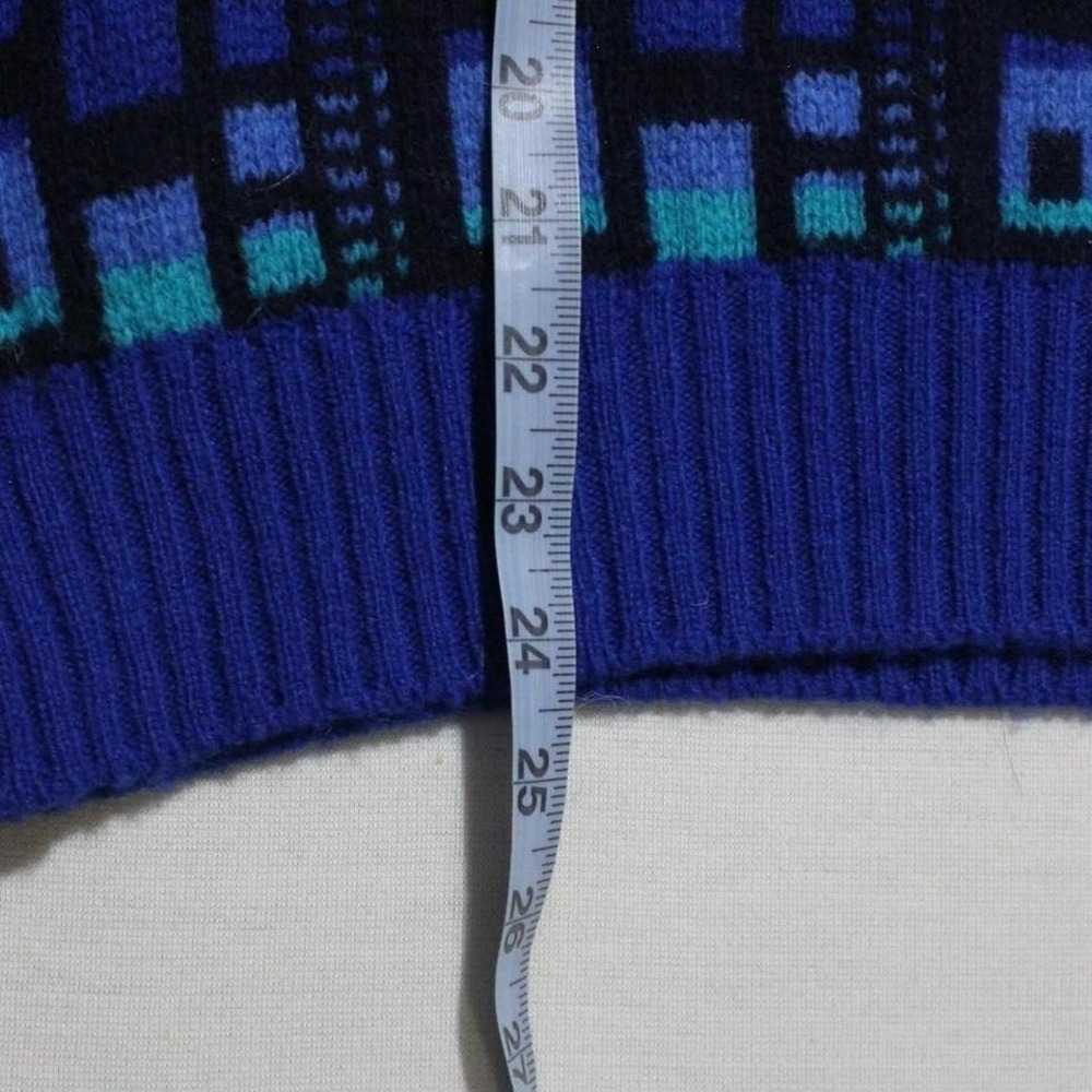 Mens Vintage 90s Abstract Blue Checkered Pattern Grandpa Sweater - Picture 7 of 8